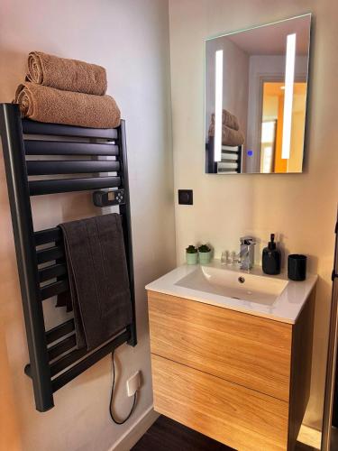 a bathroom with a sink and a mirror at Le Cocon de Rose & Achille in Boulogne-sur-Mer