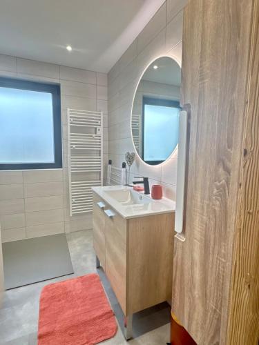 a bathroom with a sink and a mirror at Le Gite des Fleurs in Ramonchamp