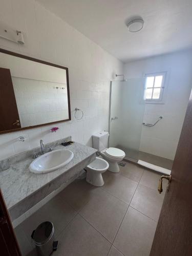 a bathroom with a sink and a toilet and a mirror at Hostería Cumbres Blancas in Esquel
