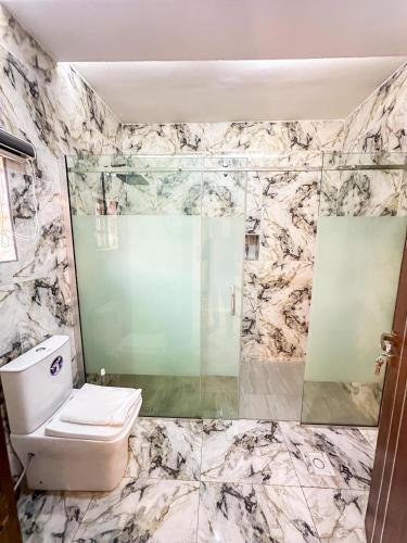 a bathroom with a toilet and a shower at One bedroom apartment Presidential suite in Abuja