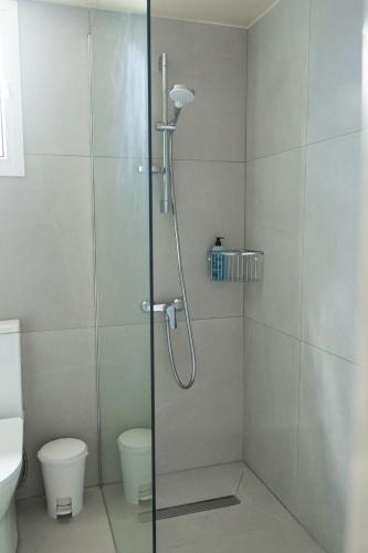 a shower stall in a bathroom with a toilet at Spitaki by the Sea in Paralimni