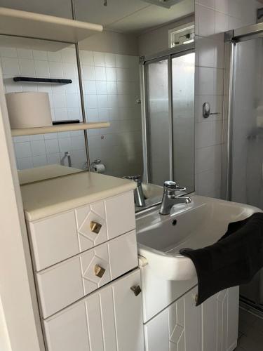 a white bathroom with a sink and a mirror at Eilantgeluk in Oudesluis