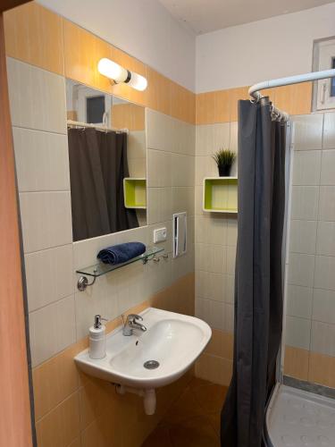 a bathroom with a sink and a shower at KEY Accommodation Pellicova in Brno