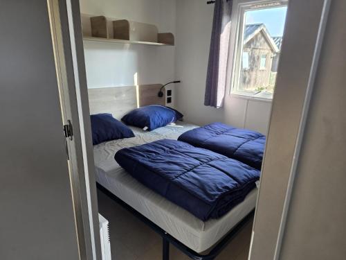a bedroom with two beds with blue pillows at Mobile Home Simplicity - Camp Diekirch in Gilsdorf