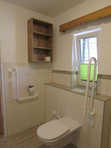ein Badezimmer mit Toilette und Fenster in der Unterkunft Ferienwohnungen Maderebner in Gröbming