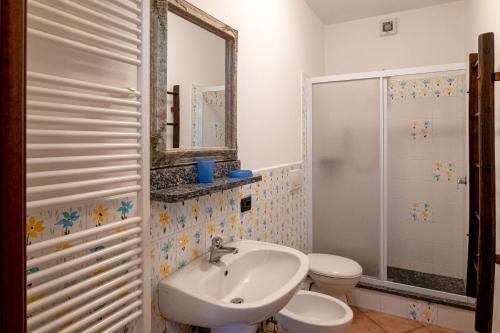 a bathroom with a sink and a toilet and a mirror at Casa Riale 4 in Stresa