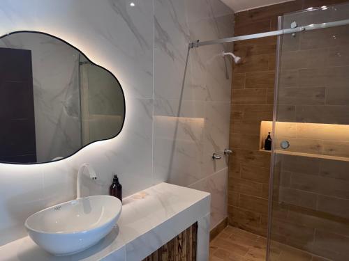a bathroom with a sink and a glass shower at Hotel Paseo del Sol in La Paz