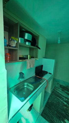 a green kitchen with a sink and a laptop on a counter at EasyNest in Kinoo