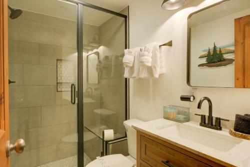 a bathroom with a shower and a sink at 2 Mi to Downtown Home with Hot Tub in Estes Park! in Estes Park