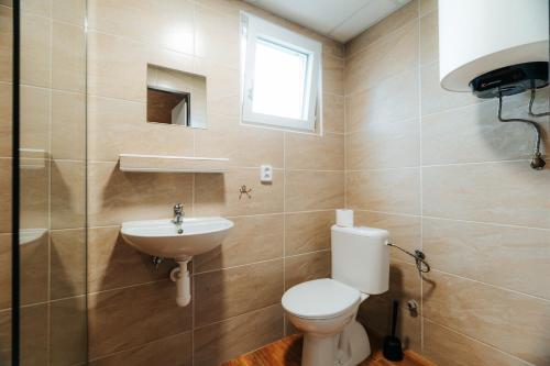 a bathroom with a toilet and a sink at Růžená - chatky u rybníka in Milevsko
