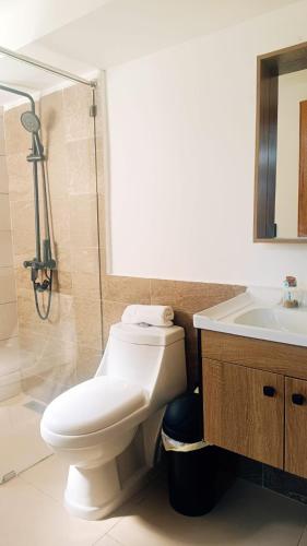 a bathroom with a toilet and a sink and a shower at Ocean Winds Hotel in San Felipe de Puerto Plata