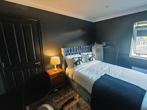 a bedroom with a bed with a blue wall at Room FULHAM TF2 in London