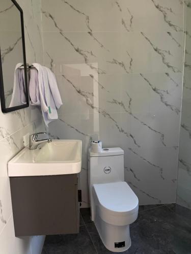 a bathroom with a white toilet and a sink at Brisas del mar in Santa Cruz de Barahona