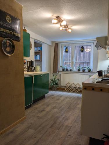 a kitchen with green cabinets and a hard wood floor at Wohnung am Waldrand in Lerbach