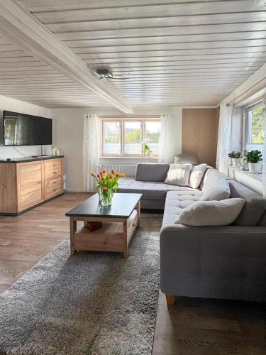 a living room with a couch and a table at Emmis-Ferienhaus in Dörpling
