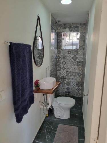 a bathroom with a toilet and a sink and a mirror at Suíte Garden em Butantã Próximo á USP - Self Check-in in São Paulo