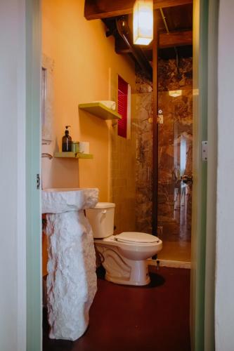 a bathroom with a toilet and a shower at La Magia del Bosque in Puebla