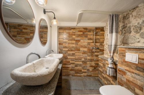 two sinks in a bathroom with two mirrors at Holiday house with heated pool in Neorić