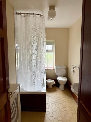 a bathroom with a white tub and a toilet at Beachfront Cottage - 3 bedrooms in Clogherhead