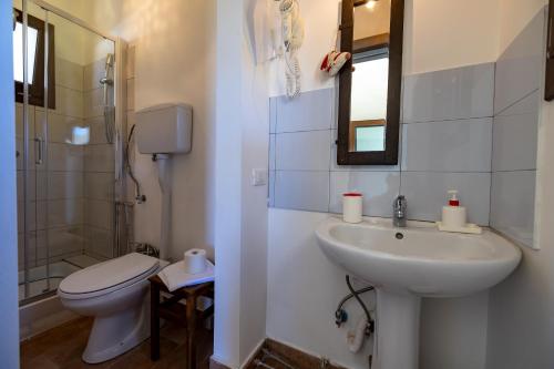 a bathroom with a sink and a toilet and a mirror at Casa Priora vista Sibillini in Montefortino