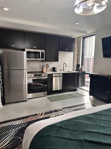 a kitchen with stainless steel appliances and black cabinets at Gilded Skyline, Walk Everywhere, 7th-Floor Views in Chattanooga