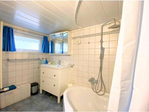 a bathroom with a shower and a tub and a sink at Emmis-Ferienhaus in Dörpling