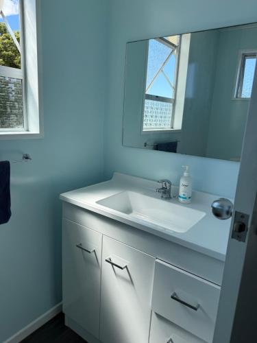 a bathroom with a sink and a mirror at Delight On Dalton in Hokitika