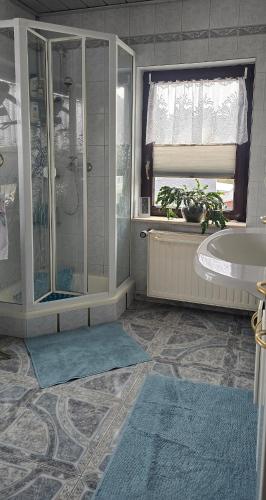 a bathroom with a shower and a tub and a sink at Ferienwohnung Schneeberg in Schneeberg