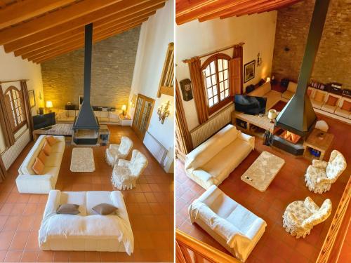 two pictures of a living room with couches and chairs at Masia Can Cenç in Collsuspina