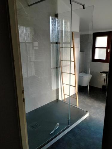 a glass shower in a bathroom with a toilet at Villa de l Eyre in Salles