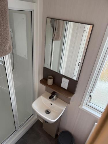 a bathroom with a sink and a mirror at Paws a while in Mainsriddle