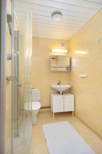 a bathroom with a toilet and a sink and a shower at Flåm Fjord Panorama House in Flåm