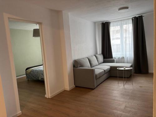 a living room with a couch and a bed at Clock in Gheorgheni