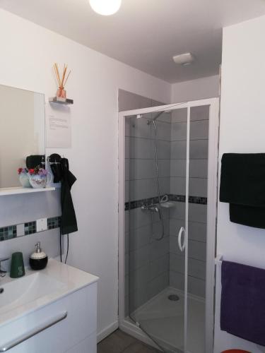 a bathroom with a shower with a glass door at Les Perluètes - Chambres d'hôtes in Carennac