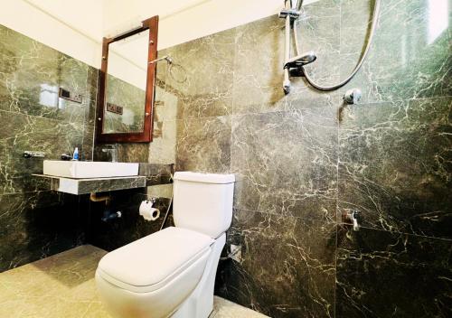 a bathroom with a toilet and a shower at Gagana Resort in Anuradhapura
