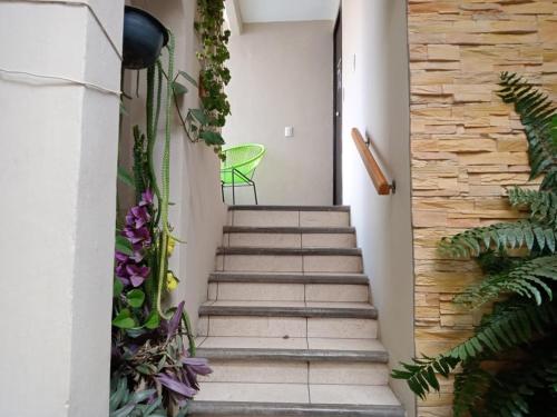 a hallway with stairs and a green chair at Bokatrip Jalatlaco in Oaxaca City