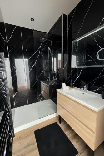 a bathroom with a sink and a shower with black tiles at Le Joyau du lac in Charavines