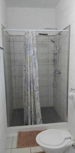 ein Badezimmer mit Dusche, Toilette und Duschvorhang in der Unterkunft Uncle Ben's in Apia