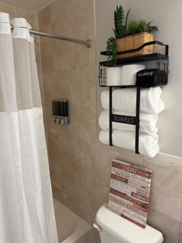 a bathroom with a toilet and towels on a shelf at Chic & Comfy Apartment in Elizabethport