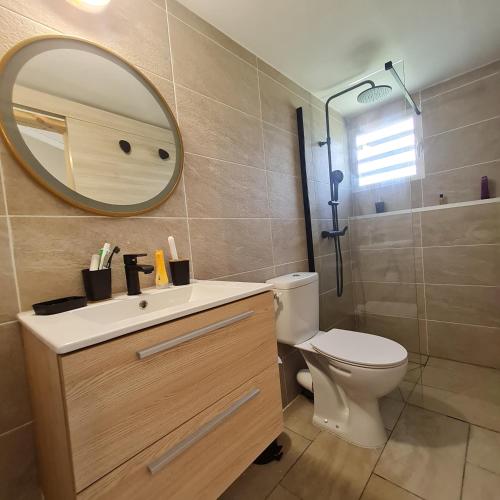 a bathroom with a sink and a toilet and a mirror at Canopée Créole in Petit-Canal