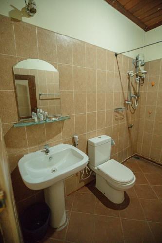 a bathroom with a sink and a toilet and a mirror at Airport Serenity Villa - Near Colombo Airport in Katunayaka