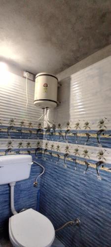 a bathroom with a toilet and a air conditioner at Paradise Camping Apple Orchard in Manīkaran