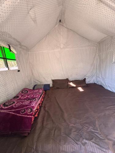 a bed in a tent with a purple blanket at Paradise Camping Apple Orchard in Manīkaran