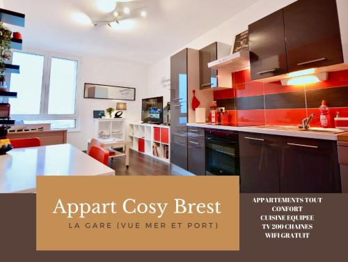 an image of a kitchen with an advertisement for an apartment cosy kitchen at Appart Cosy Brest (La gare) vue mer in Brest