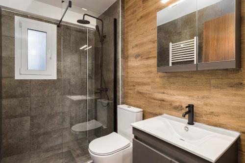 a bathroom with a toilet and a sink and a shower at Blazer suite on the sea in Neoi Epivates