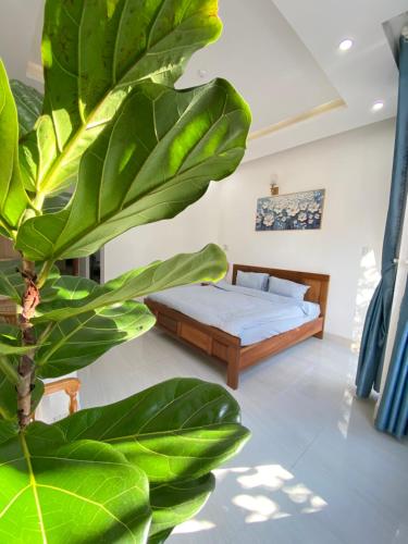 a bedroom with a bed and a large green plant at Jasmine Homestay in Danang