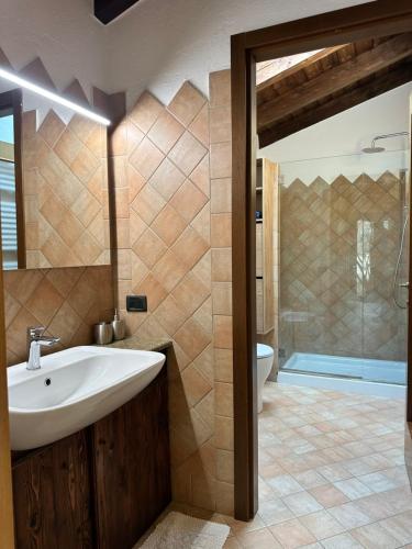 a bathroom with a sink and a shower at La cantina dell'artista in Palazzago
