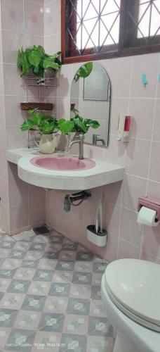 a bathroom with a pink sink with plants on it at AnChanPoolvilla อัญชัญ พลูวิลล่า in Pak Johng