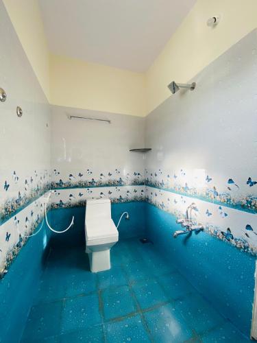 a bathroom with a toilet and a blue floor at KODAGU MOUNTAIN VIEW Rooms in Madikeri