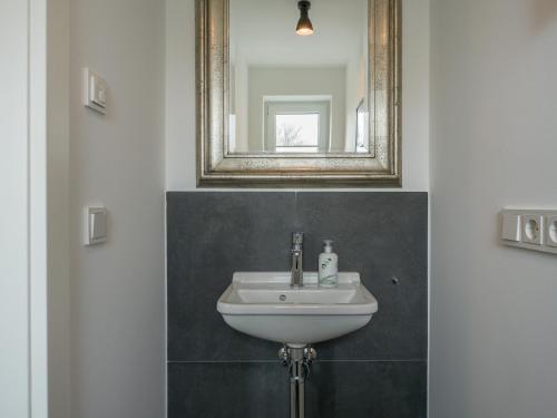 a bathroom with a sink and a mirror at Dorfhüs 1 in Tinnum
